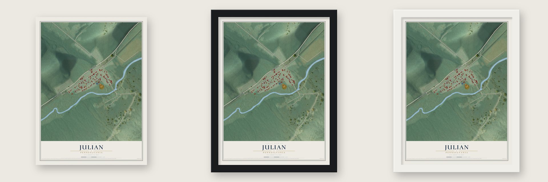 Julian, Pennsylvania map unframed, in a black wood frame and in a white wood frame