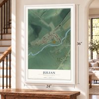 Julian, Pennsylvania map, 24 x 36 inch print in a white frame by a staircase