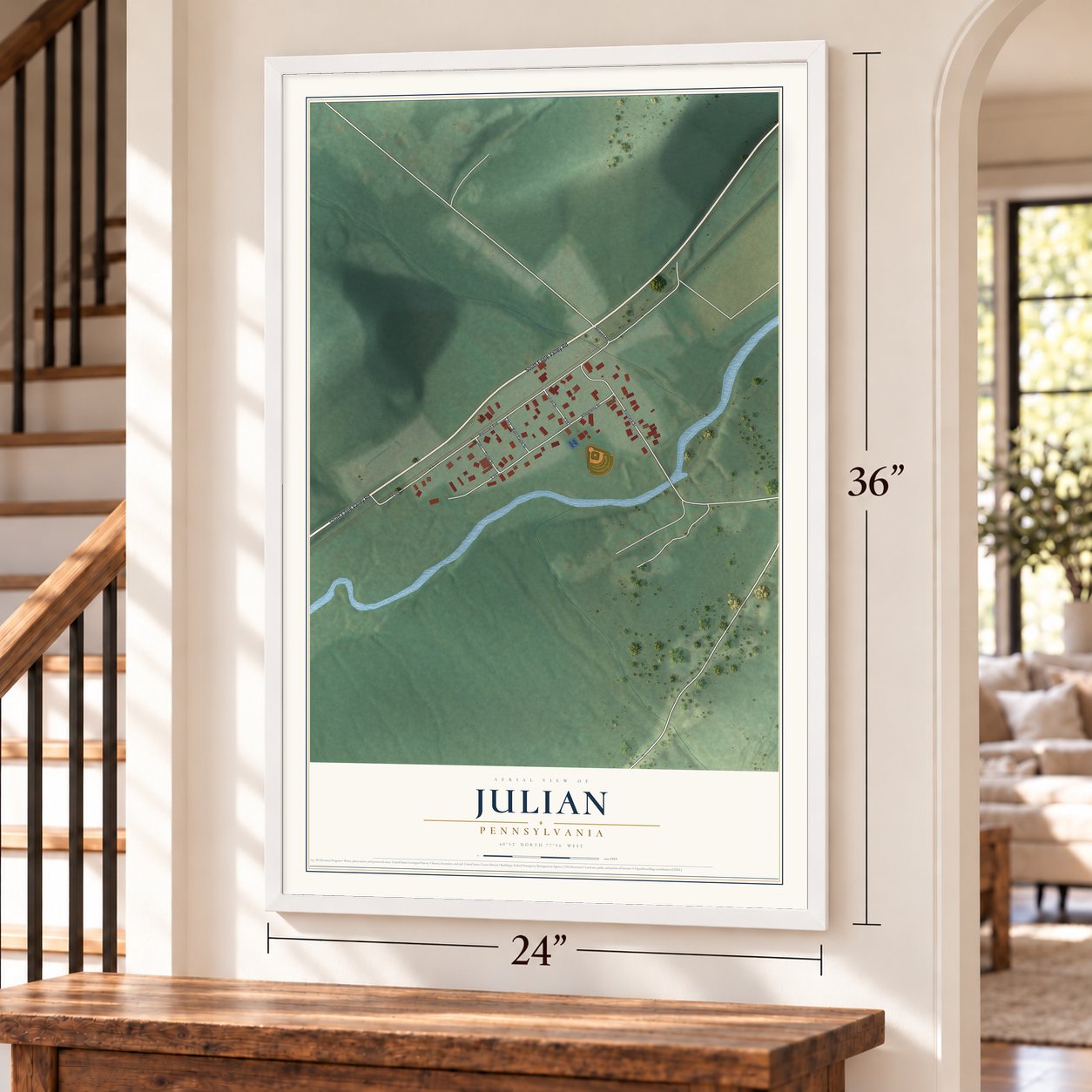 Julian, Pennsylvania map, 24 x 36 inch print in a white frame by a staircase