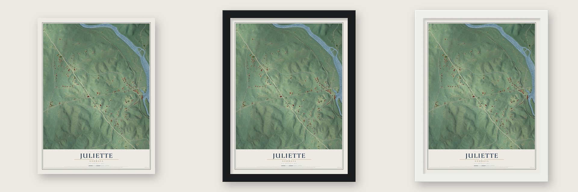 Juliette, Georgia map unframed, in a black wood frame and in a white wood frame