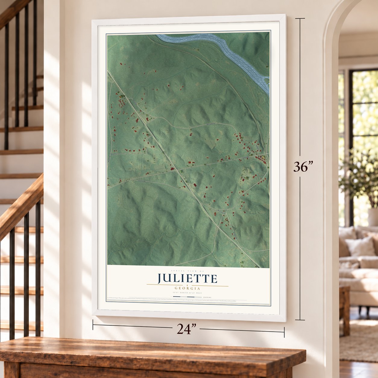 Juliette, Georgia map, 24 x 36 inch print in a white frame by a staircase