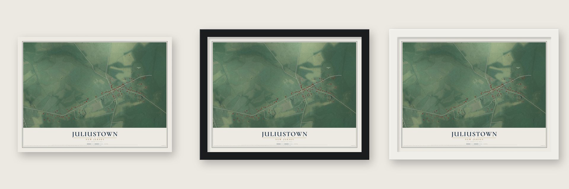 Juliustown, New Jersey map unframed, in a black wood frame and in a white wood frame