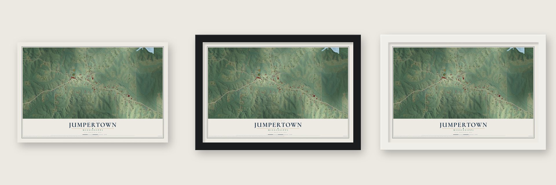 Jumpertown, Mississippi map unframed, in a black wood frame and in a white wood frame
