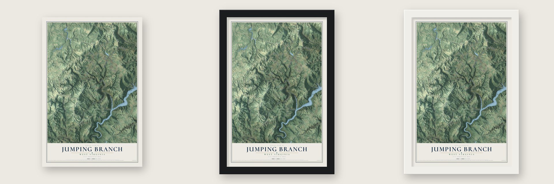 Jumping Branch, West Virginia map unframed, in a black wood frame and in a white wood frame