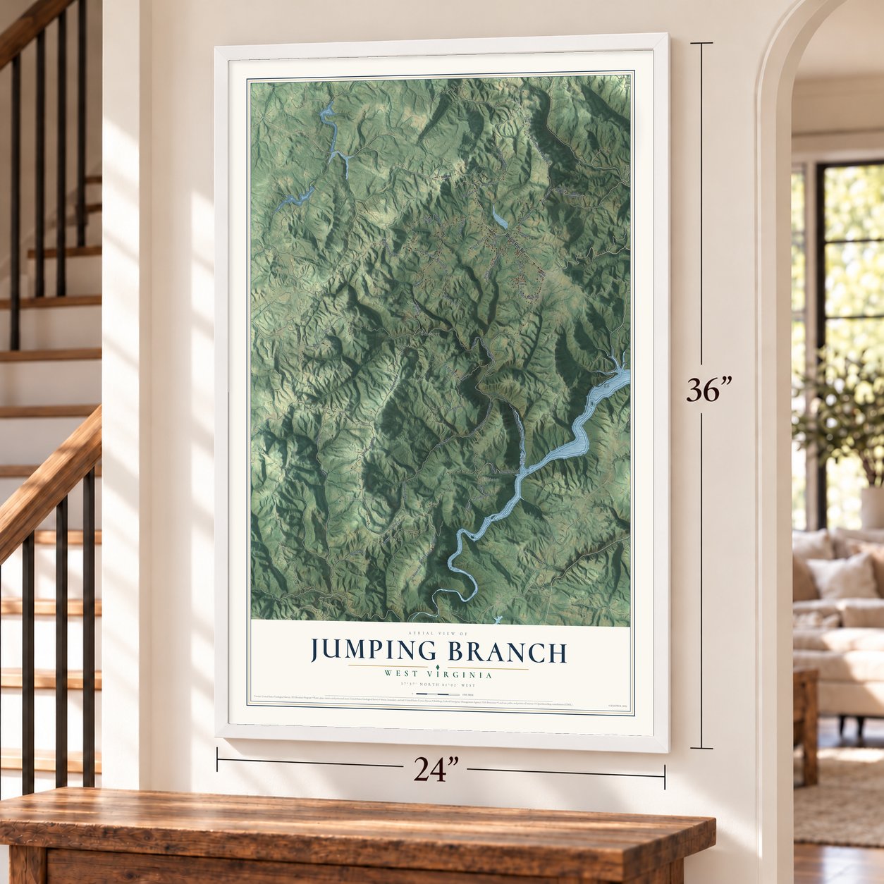 Jumping Branch, West Virginia map, 24 x 36 inch print in a white frame by a staircase