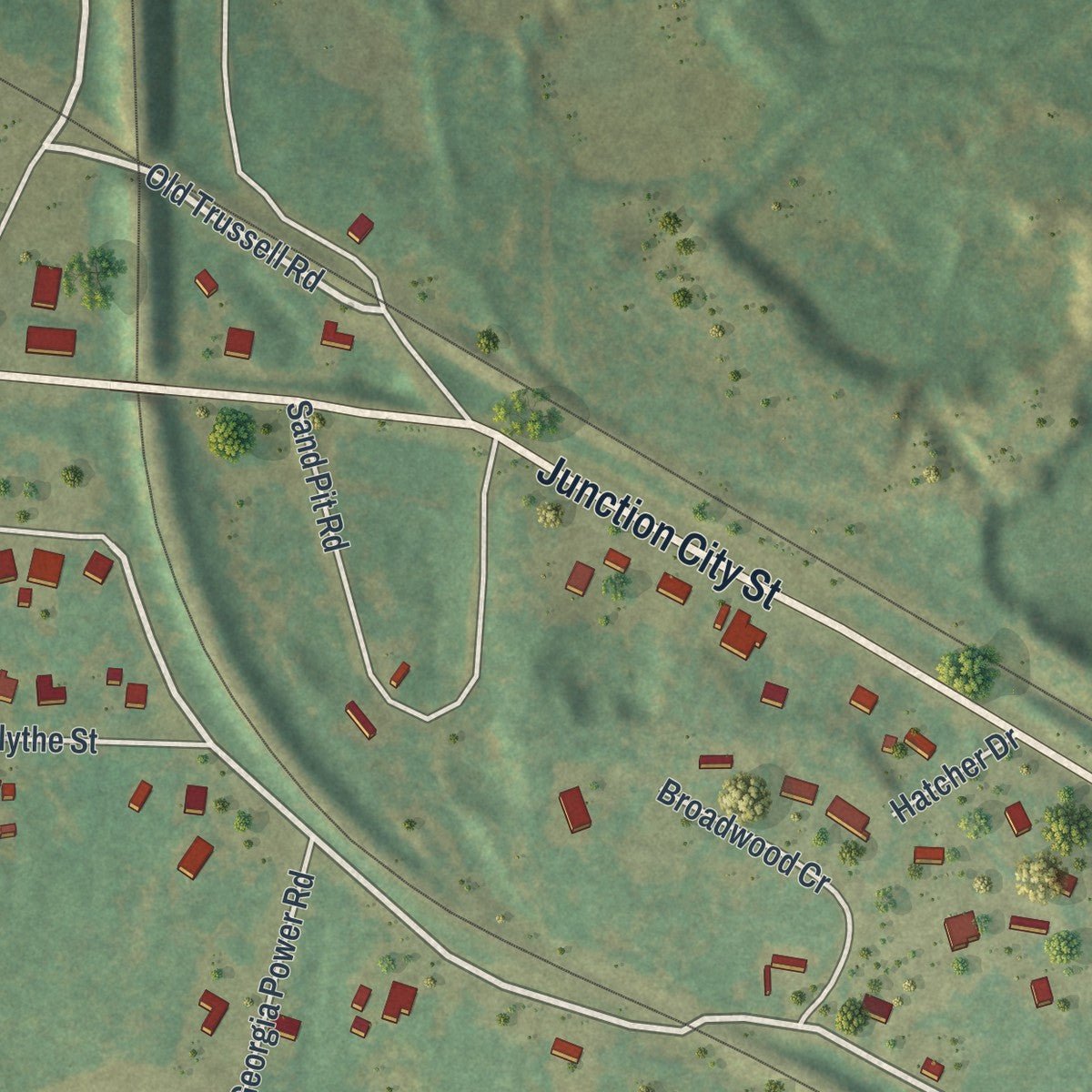 Second close-up of the map of Junction City, Georgia print showing more streets and buildings