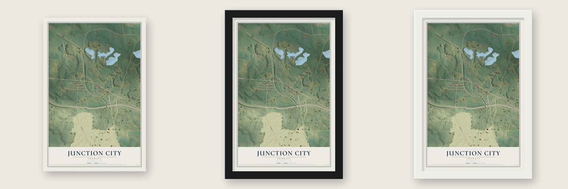 Junction City, Georgia map unframed, in a black wood frame and in a white wood frame