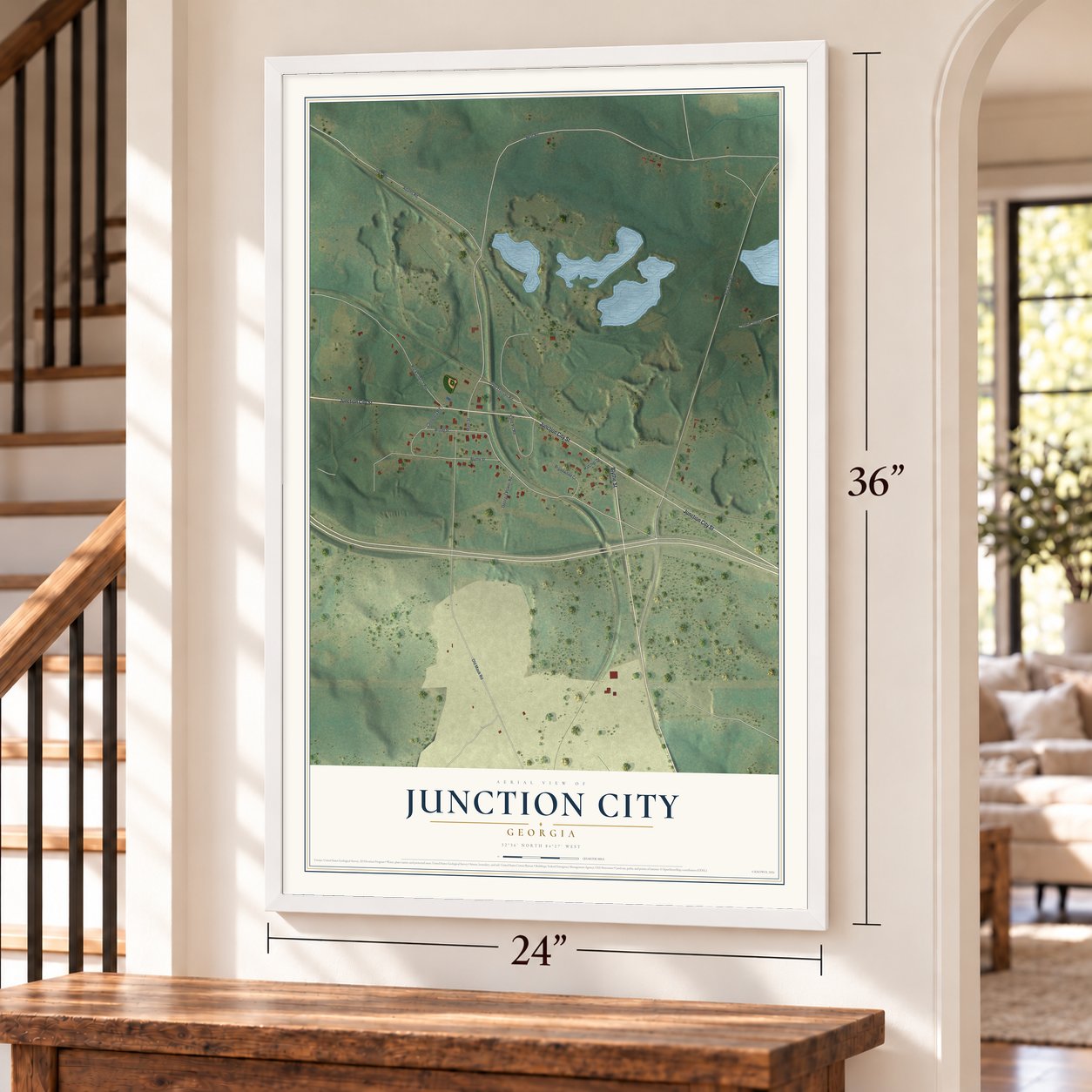 Junction City, Georgia map, 24 x 36 inch print in a white frame by a staircase