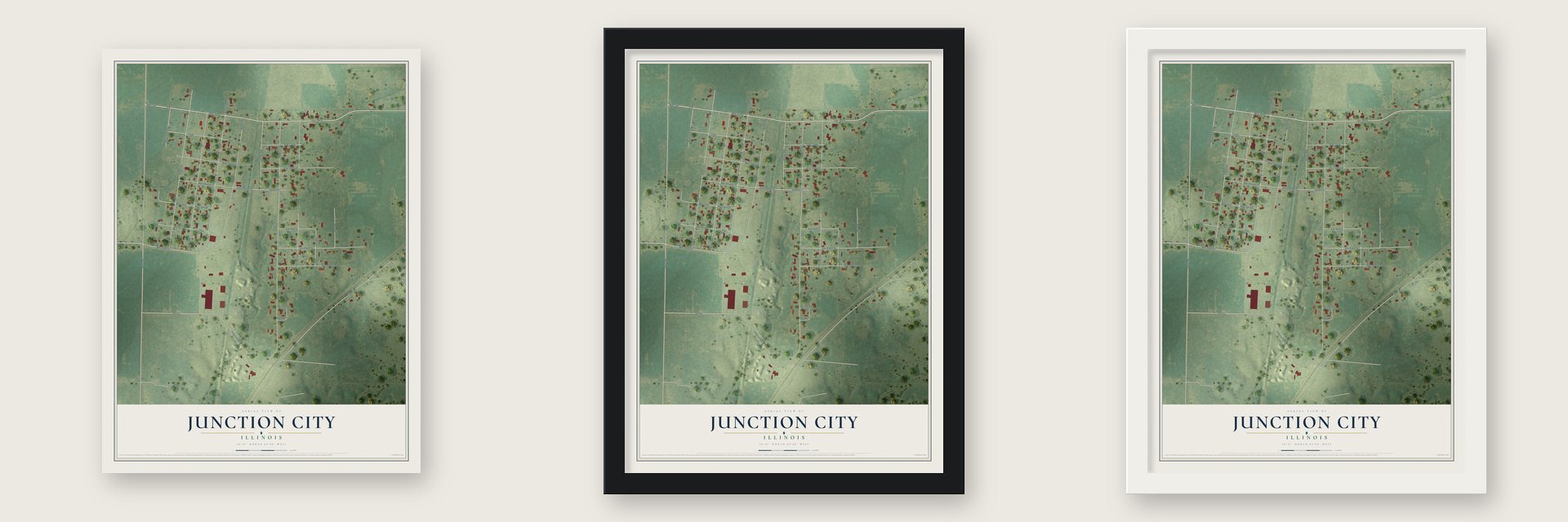 Junction City, Illinois map unframed, in a black wood frame and in a white wood frame