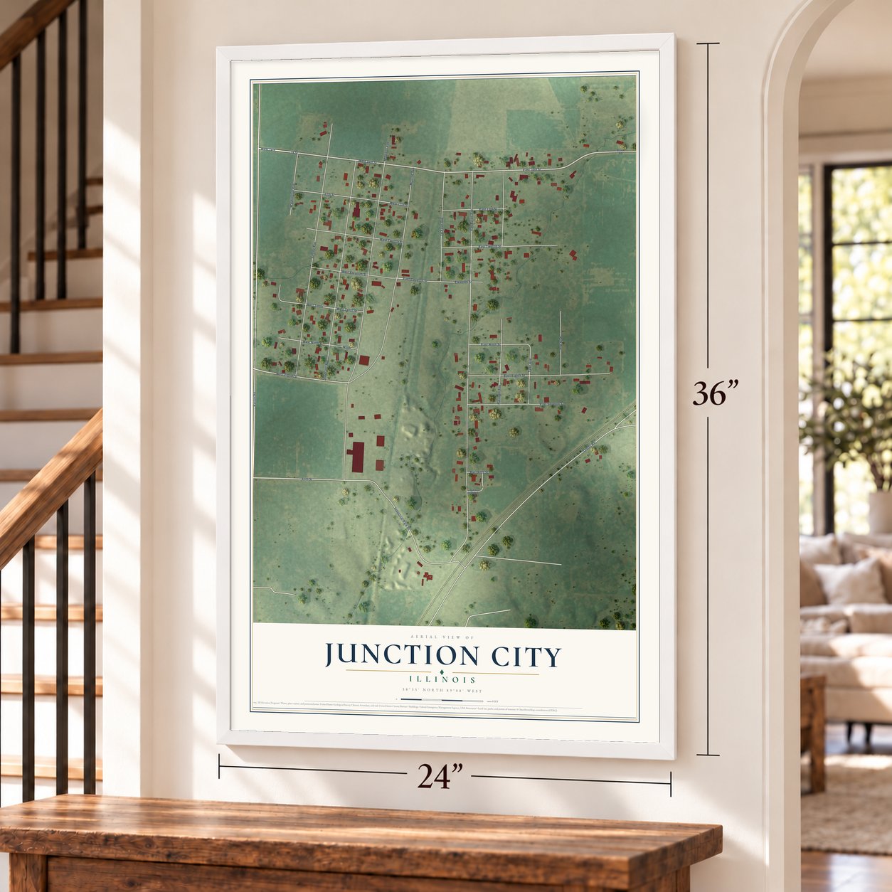 Junction City, Illinois map, 24 x 36 inch print in a white frame by a staircase