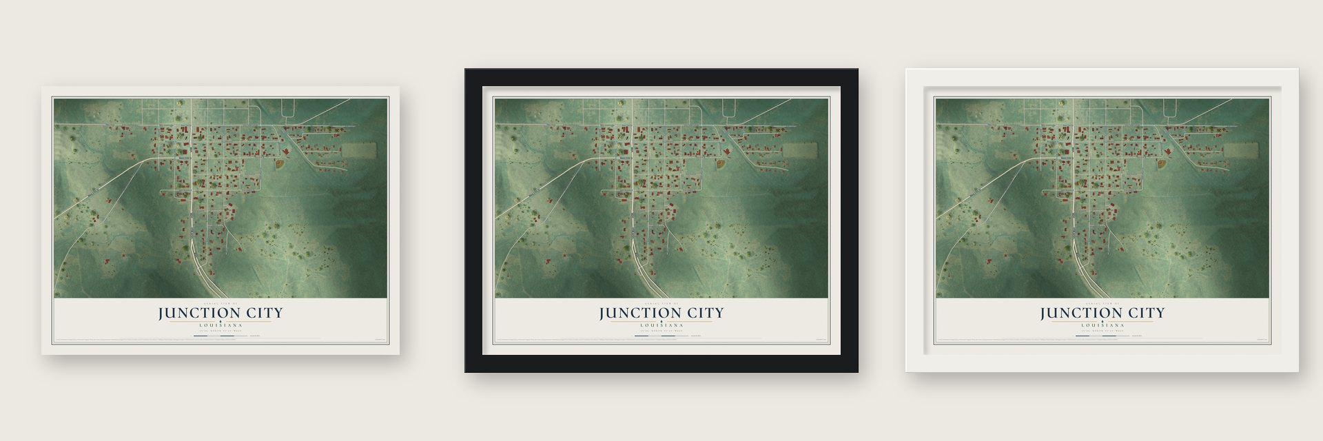 Junction City, Louisiana map unframed, in a black wood frame and in a white wood frame