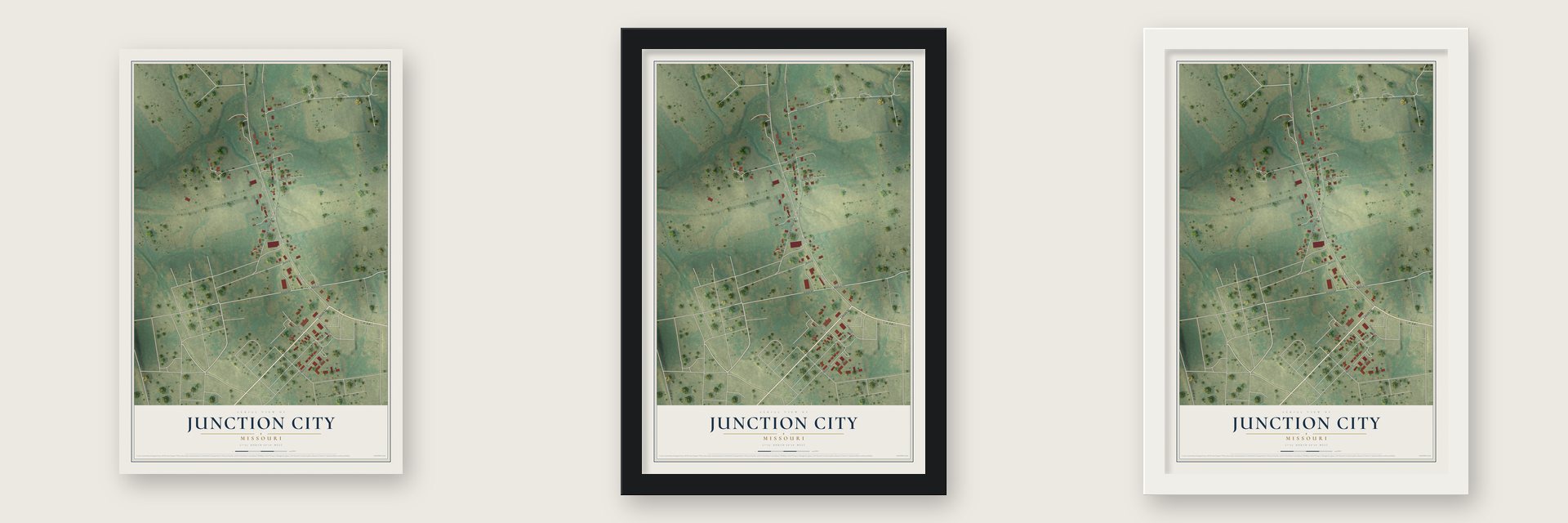 Junction City, Missouri map unframed, in a black wood frame and in a white wood frame