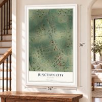 Junction City, Missouri map, 24 x 36 inch print in a white frame by a staircase