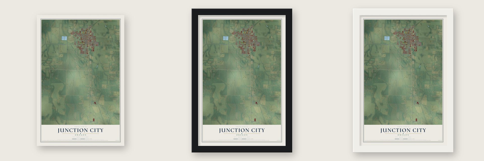 Junction City, Oregon map unframed, in a black wood frame and in a white wood frame