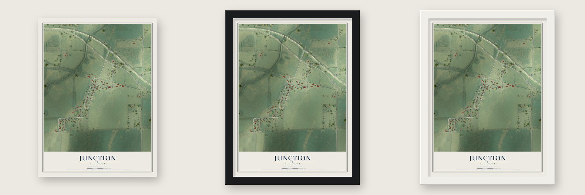 Junction, Illinois map unframed, in a black wood frame and in a white wood frame