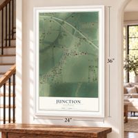 Junction, Illinois map, 24 x 36 inch print in a white frame by a staircase