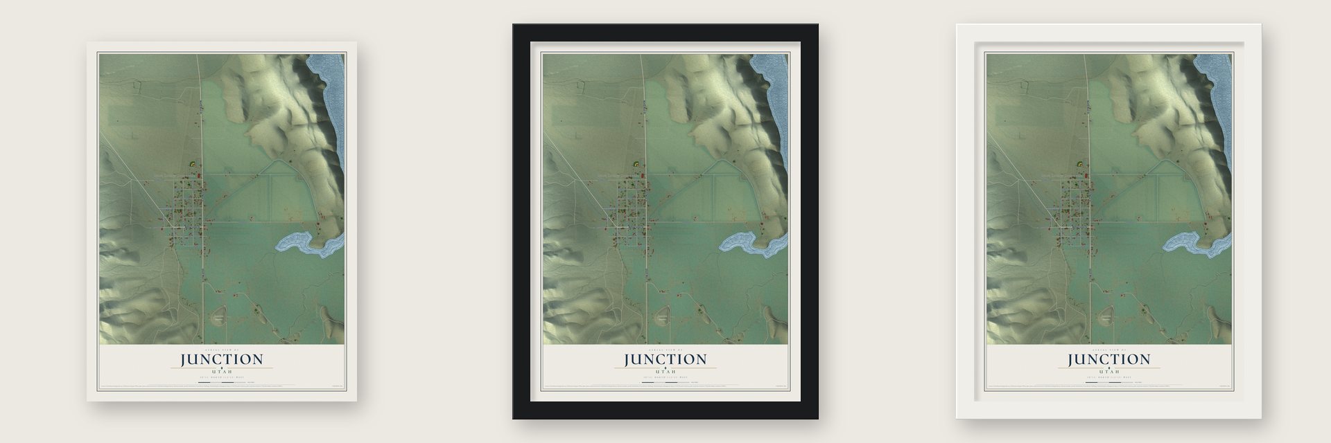 Junction, Utah map unframed, in a black wood frame and in a white wood frame