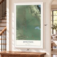 Junction, Utah map, 24 x 36 inch print in a white frame by a staircase