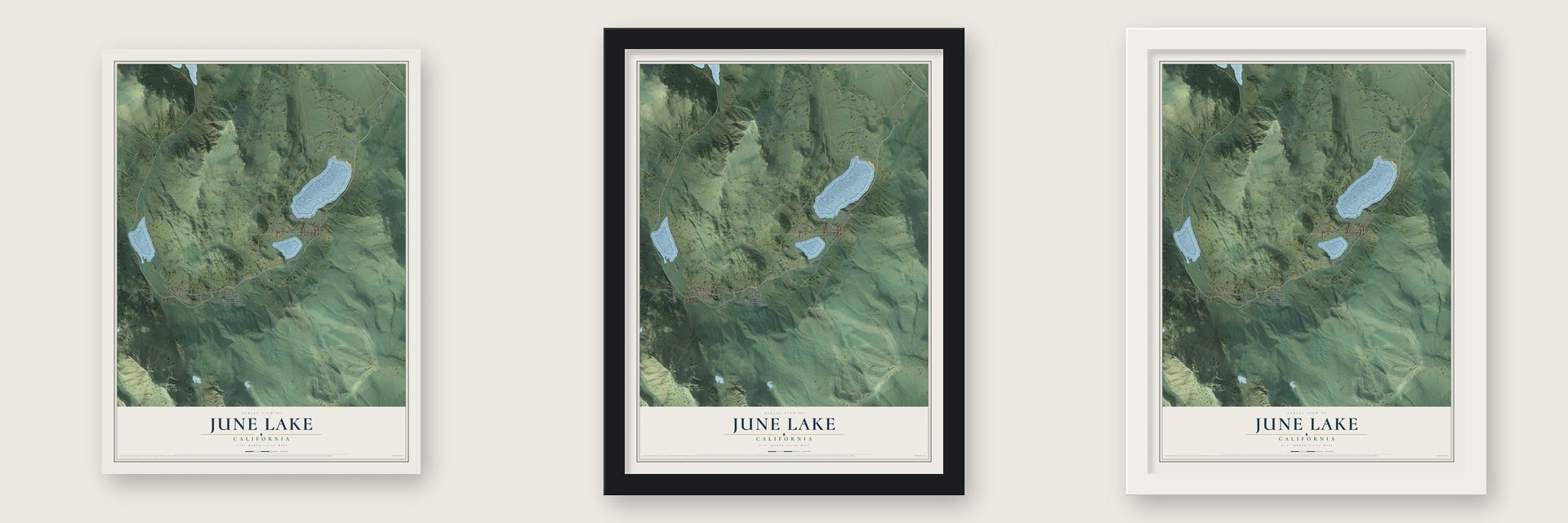 June Lake, California map unframed, in a black wood frame and in a white wood frame