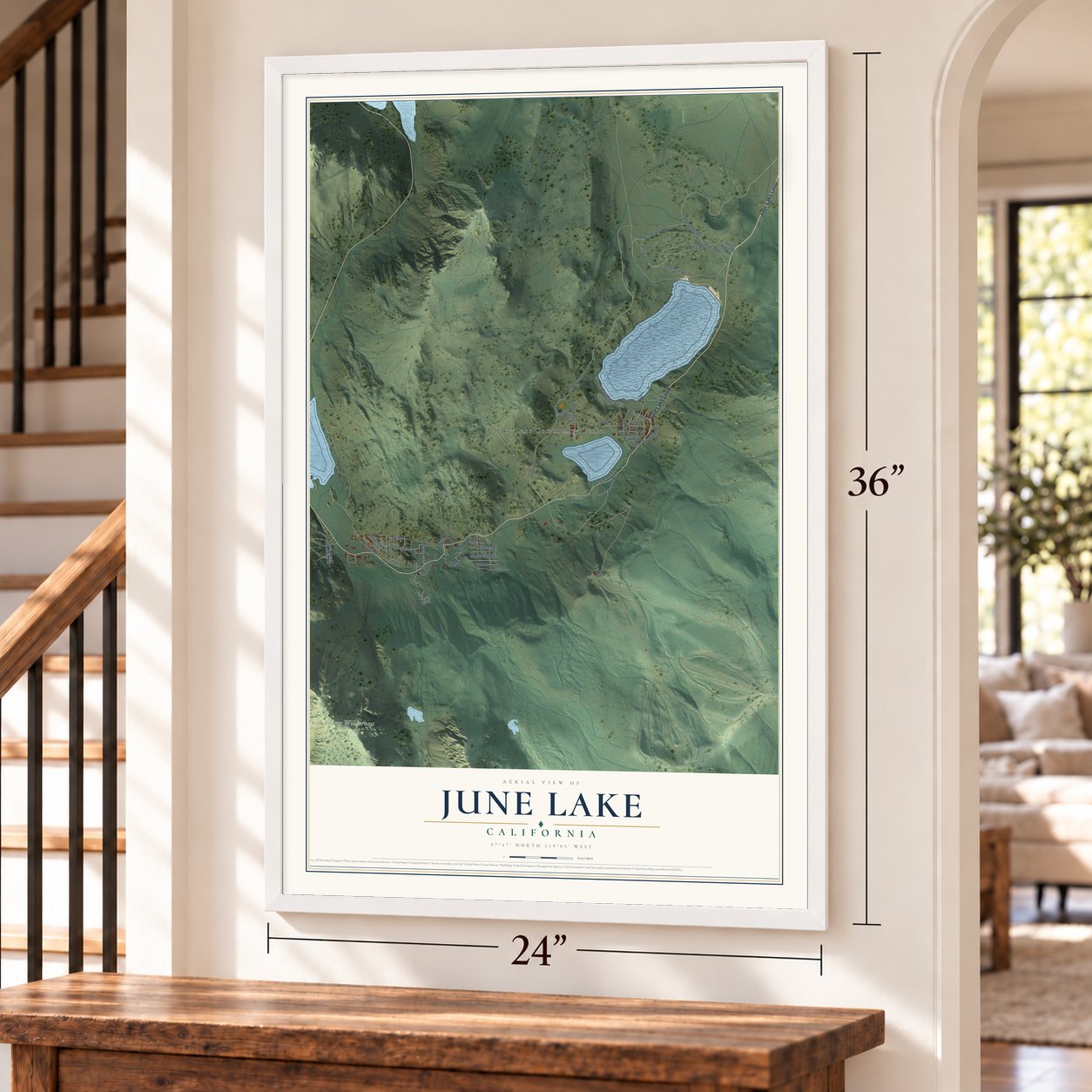 June Lake, California map, 24 x 36 inch print in a white frame by a staircase
