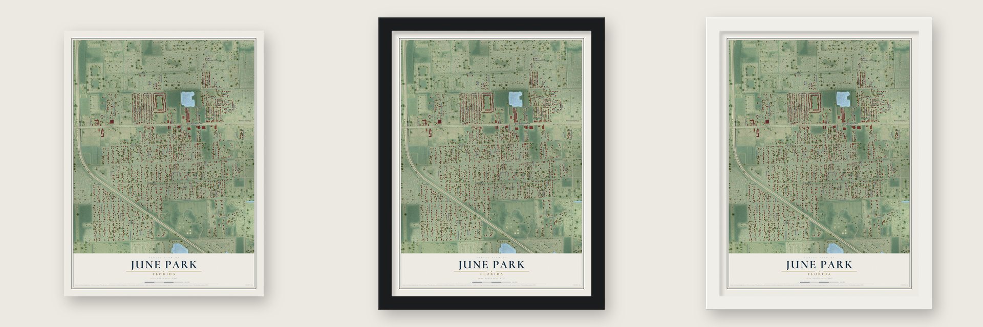 June Park, Florida map unframed, in a black wood frame and in a white wood frame