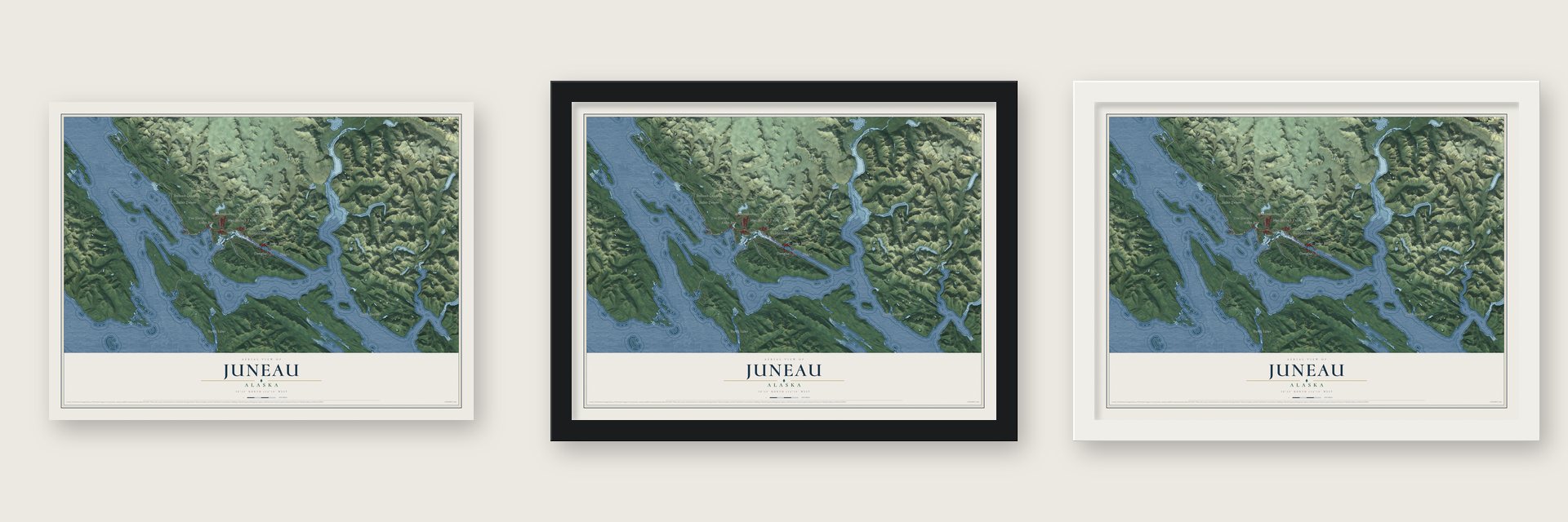 Juneau, Alaska map unframed, in a black wood frame and in a white wood frame