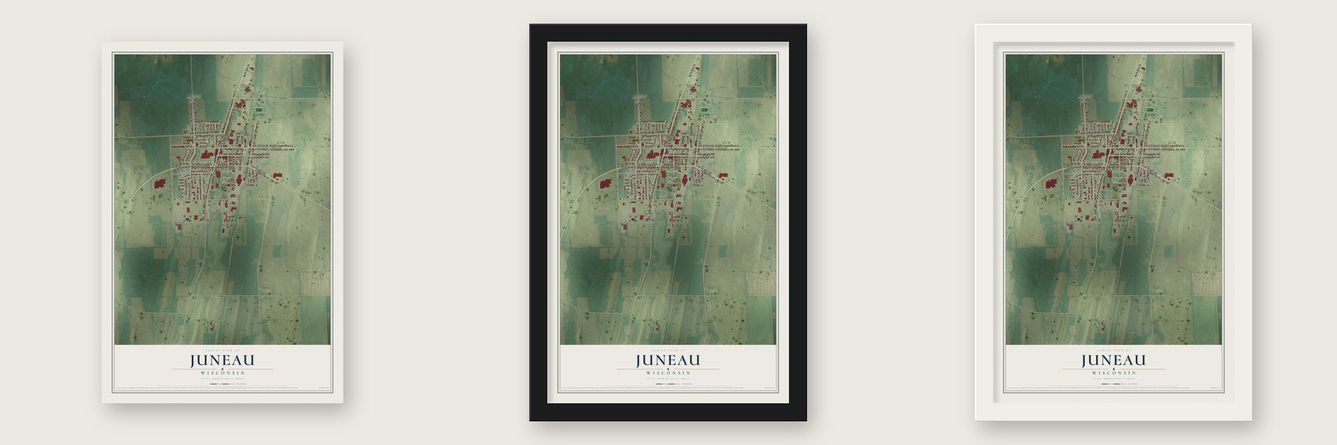 Juneau, Wisconsin map unframed, in a black wood frame and in a white wood frame