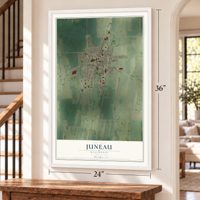 Juneau, Wisconsin map, 24 x 36 inch print in a white frame by a staircase