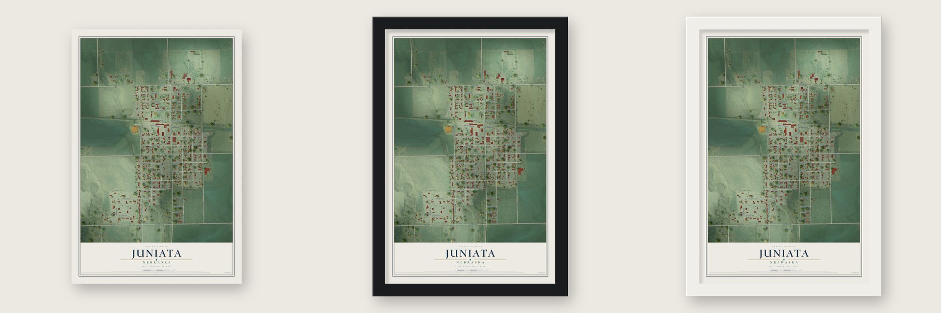 Juniata, Nebraska map unframed, in a black wood frame and in a white wood frame