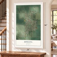Juniata, Nebraska map, 24 x 36 inch print in a white frame by a staircase