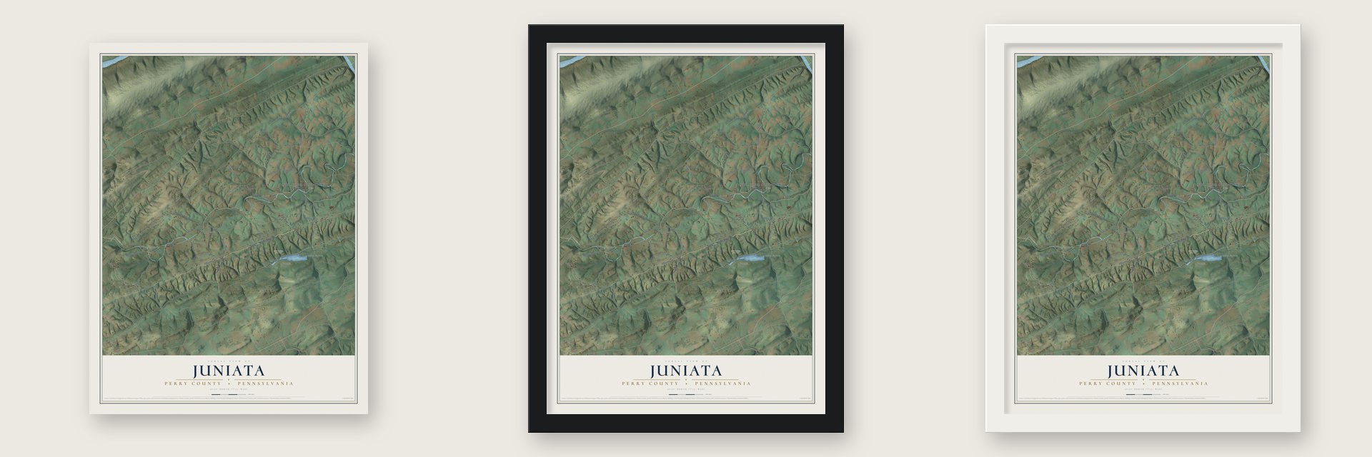 Juniata, Perry County, Pennsylvania map unframed, in a black wood frame and in a white wood frame