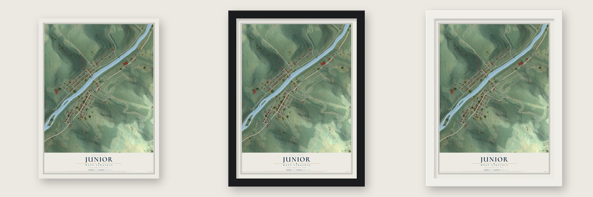 Junior, West Virginia map unframed, in a black wood frame and in a white wood frame