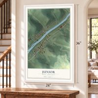 Junior, West Virginia map, 24 x 36 inch print in a white frame by a staircase