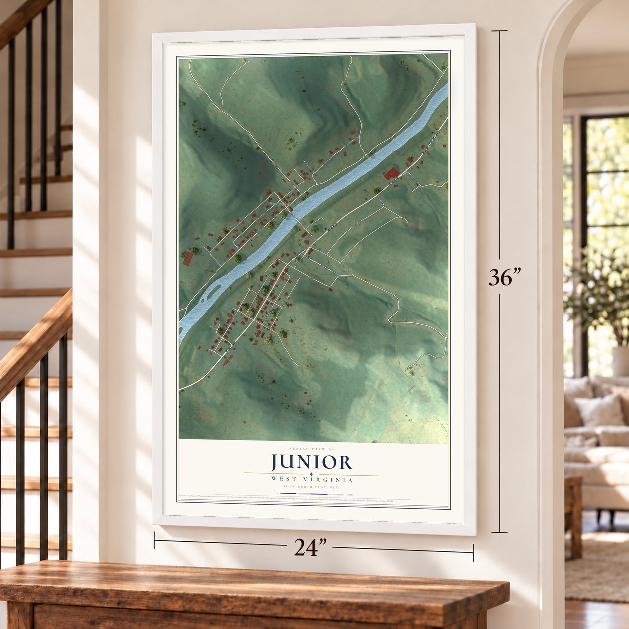Junior, West Virginia map, 24 x 36 inch print in a white frame by a staircase