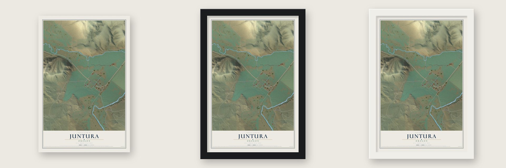Juntura, Oregon map unframed, in a black wood frame and in a white wood frame