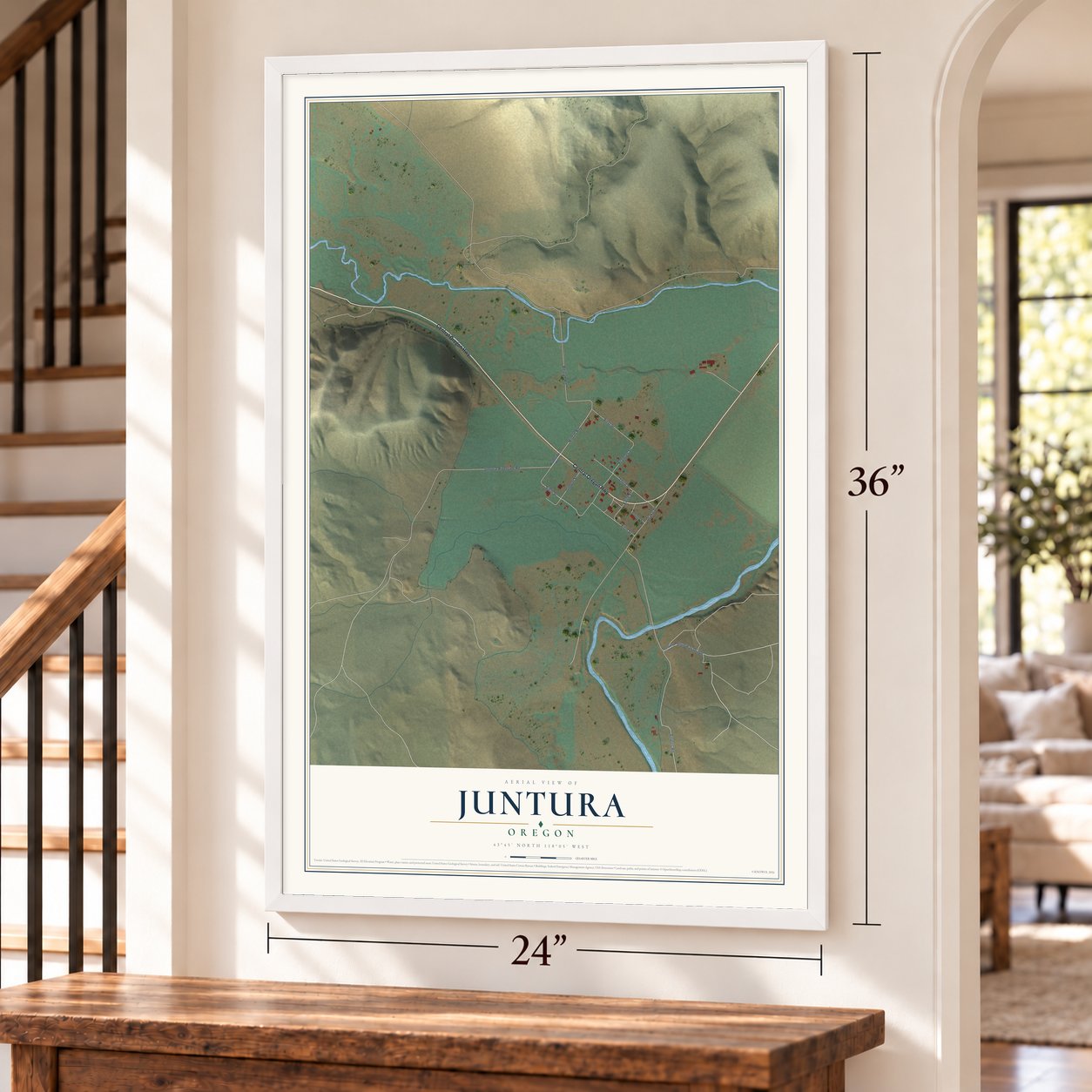 Juntura, Oregon map, 24 x 36 inch print in a white frame by a staircase