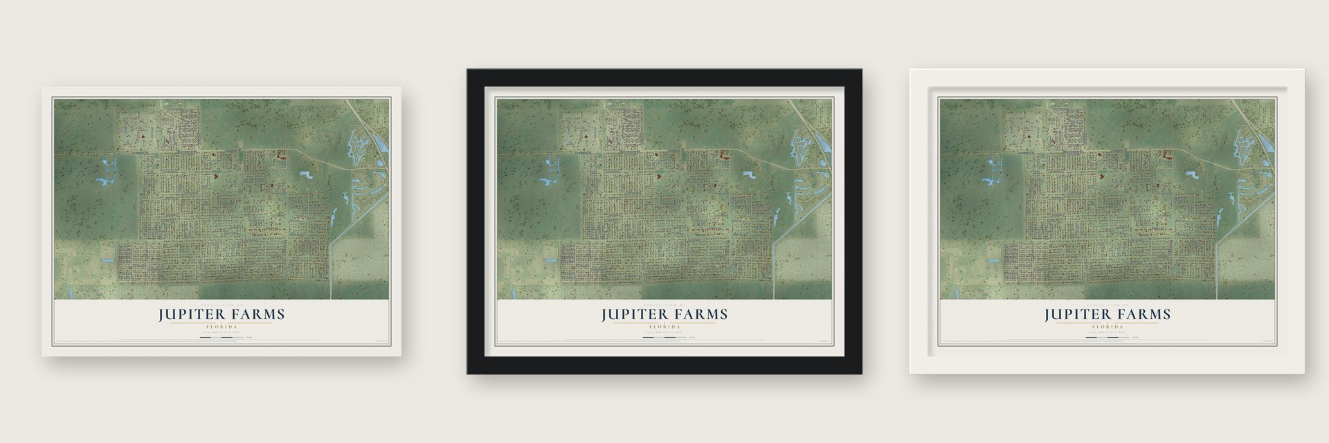 Jupiter Farms, Florida map unframed, in a black wood frame and in a white wood frame