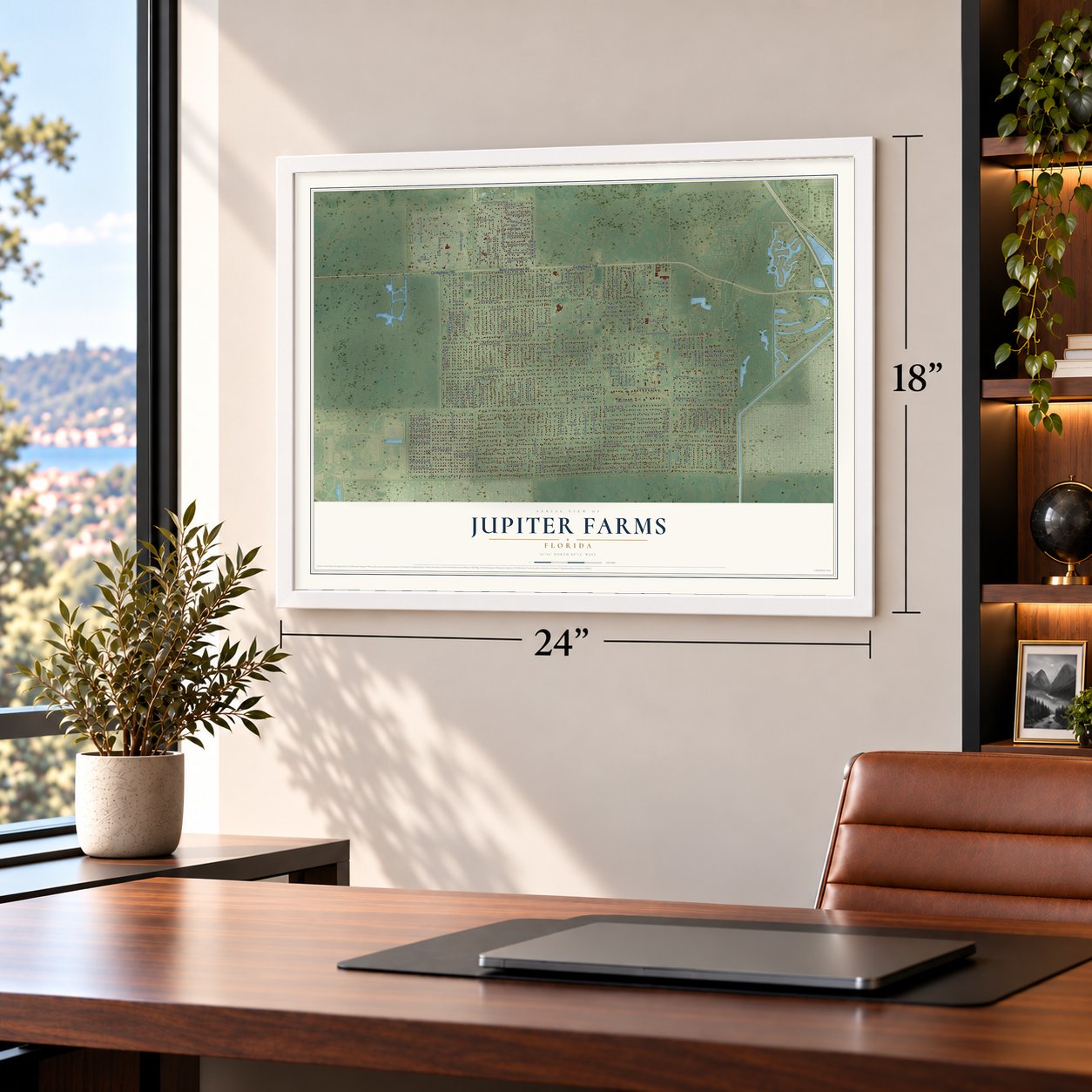 Jupiter Farms, Florida map, 18 x 24 inch print in a white frame in a home office