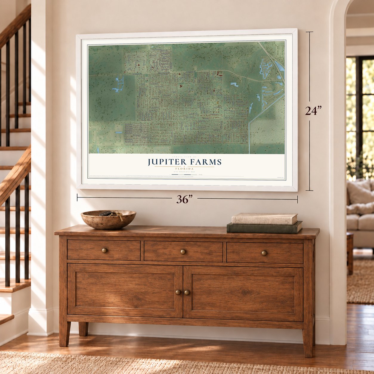 Jupiter Farms, Florida map, 24 x 36 inch print in a white frame above a dresser by a staircase