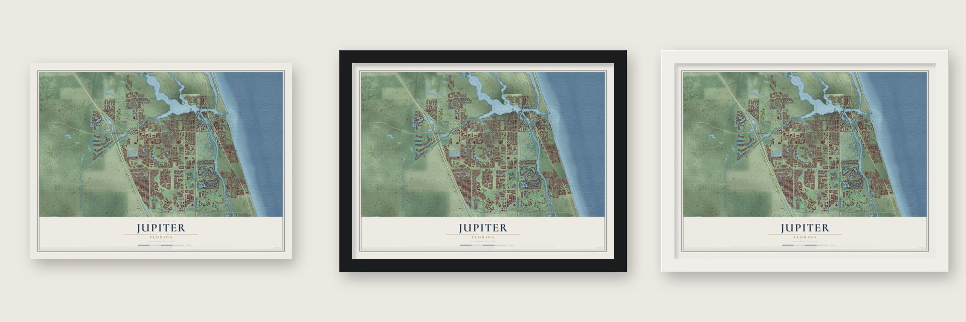 Jupiter, Florida map unframed, in a black wood frame and in a white wood frame