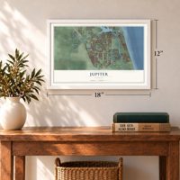 Jupiter, Florida map, 12 x 18 inch print in a white frame in an entryway