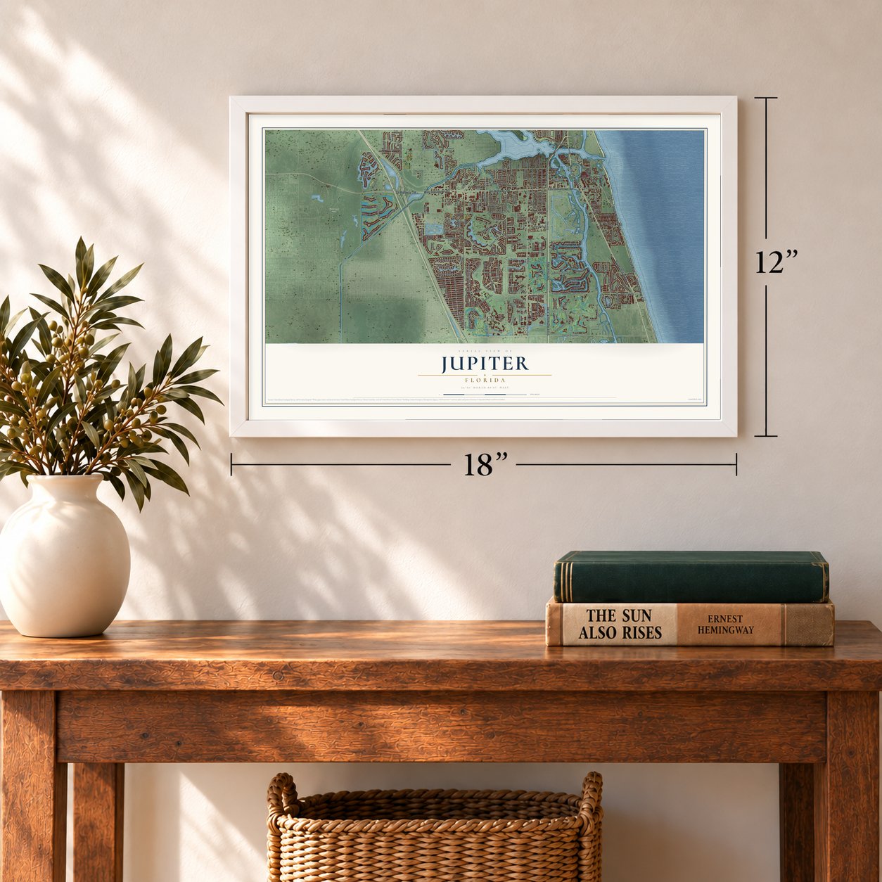 Jupiter, Florida map, 12 x 18 inch print in a white frame in an entryway