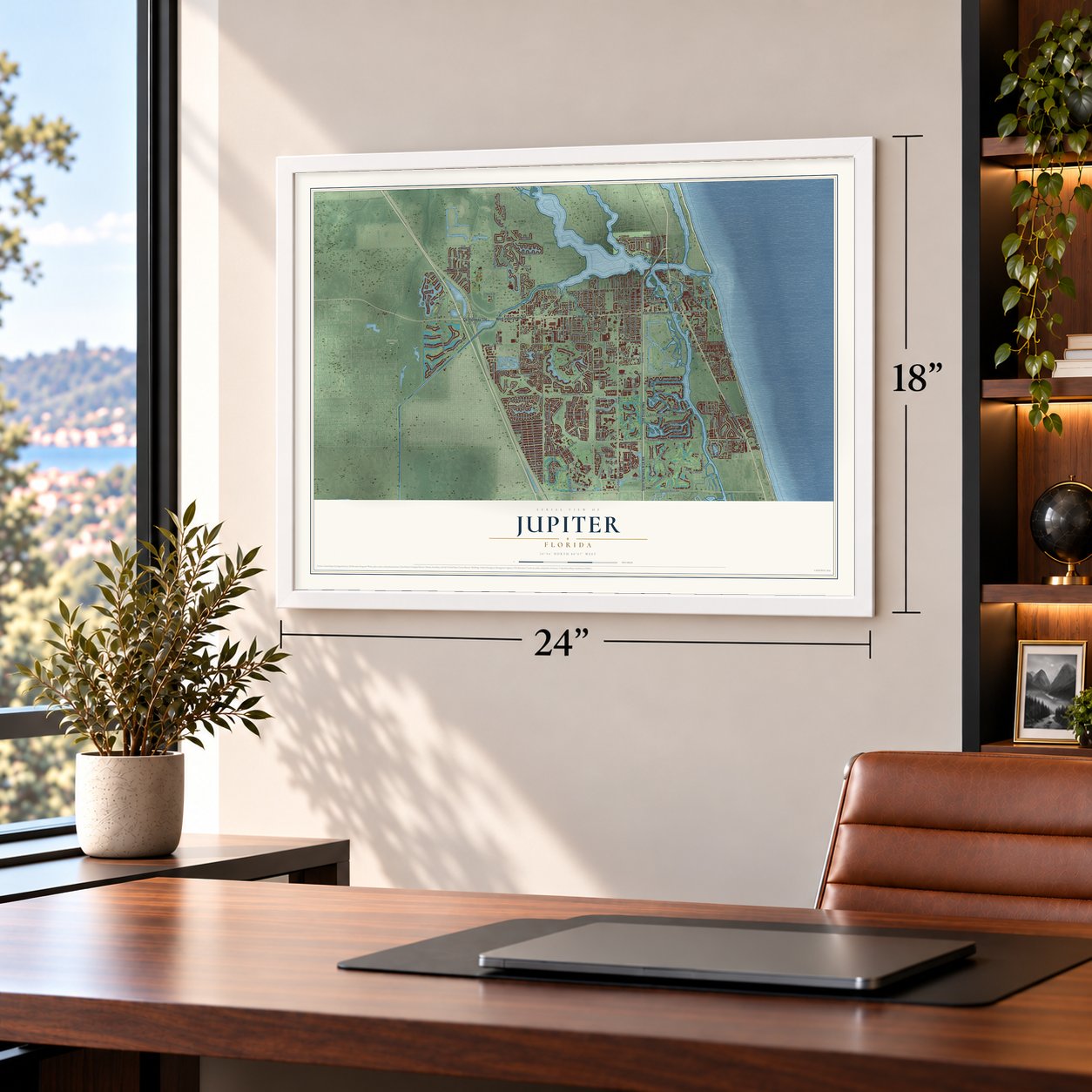 Jupiter, Florida map, 18 x 24 inch print in a white frame in a home office