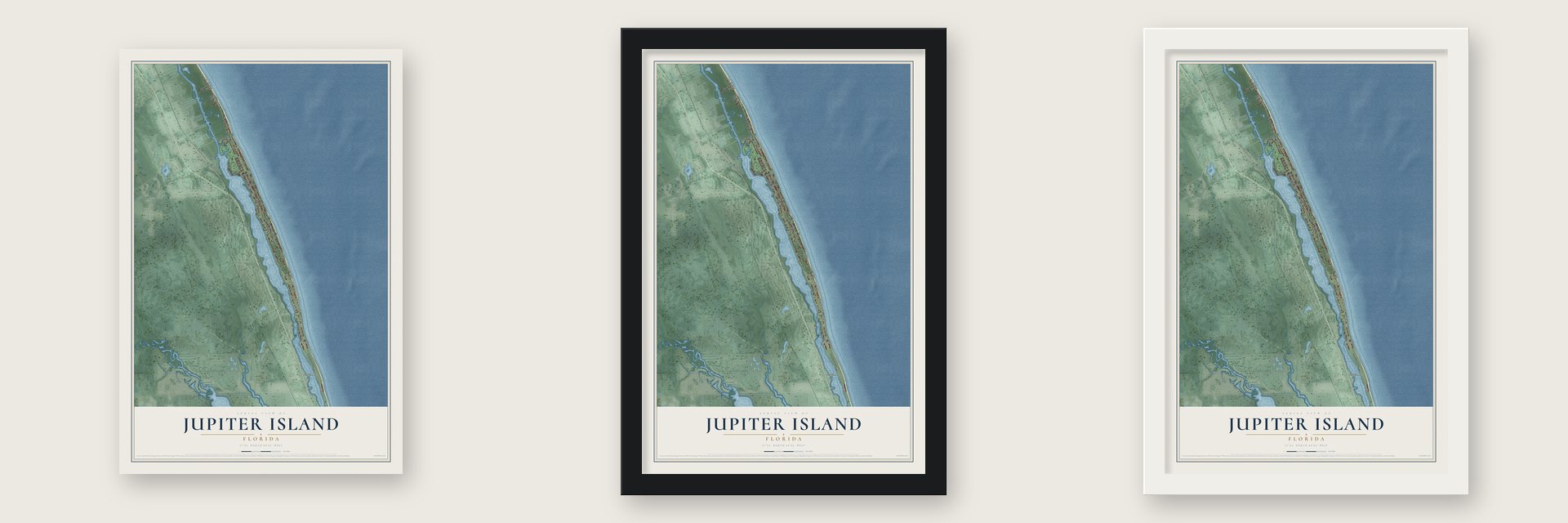 Jupiter Island, Florida map unframed, in a black wood frame and in a white wood frame