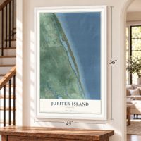 Jupiter Island, Florida map, 24 x 36 inch print in a white frame by a staircase