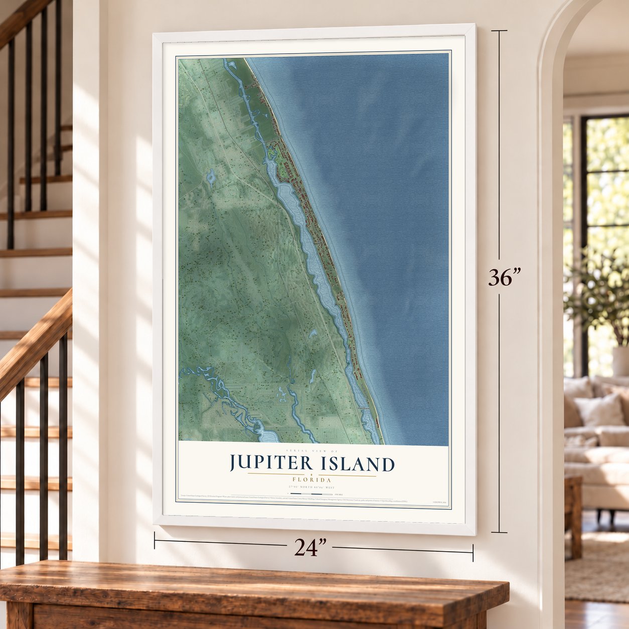 Jupiter Island, Florida map, 24 x 36 inch print in a white frame by a staircase