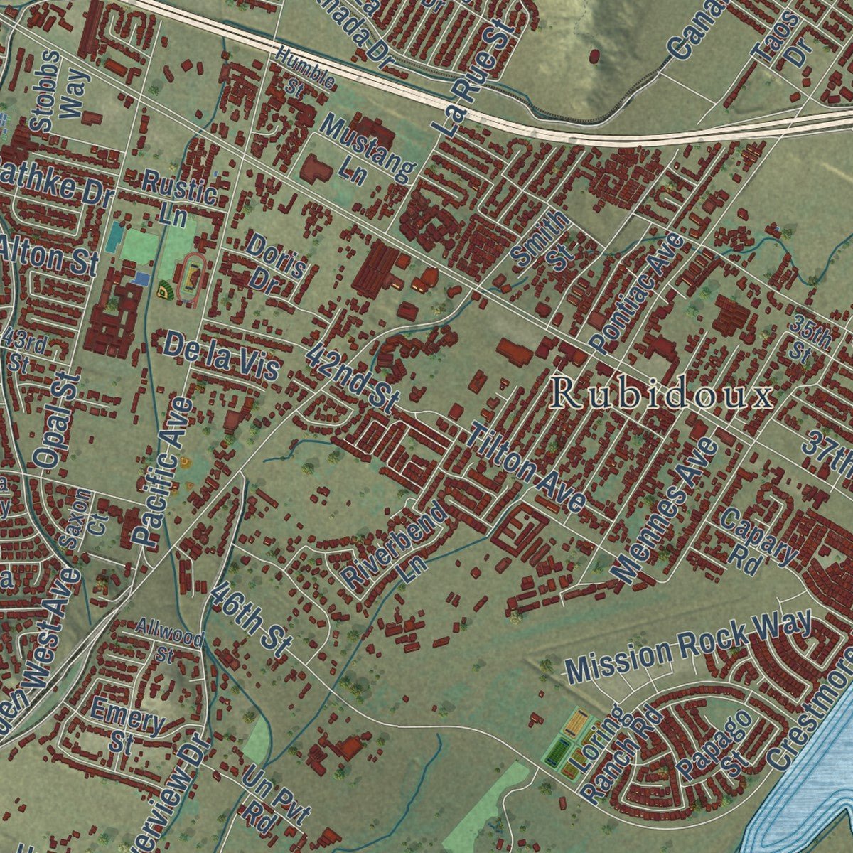Second close-up of the map of Jurupa Valley, California print showing more streets and buildings