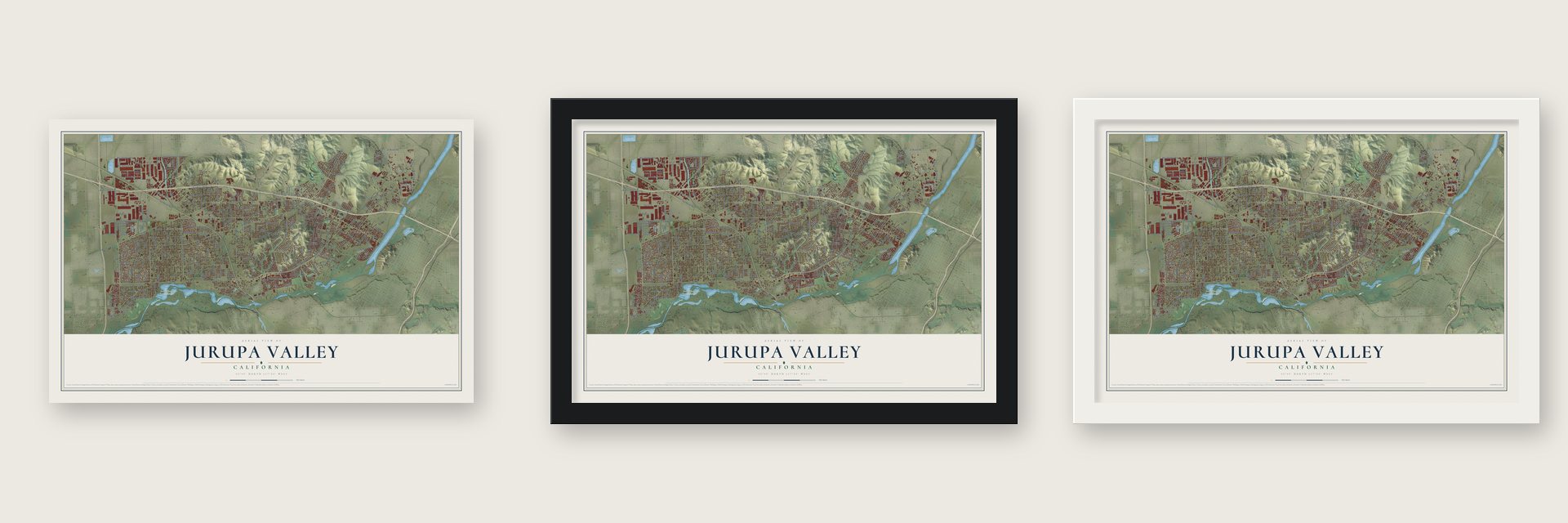 Jurupa Valley, California map unframed, in a black wood frame and in a white wood frame