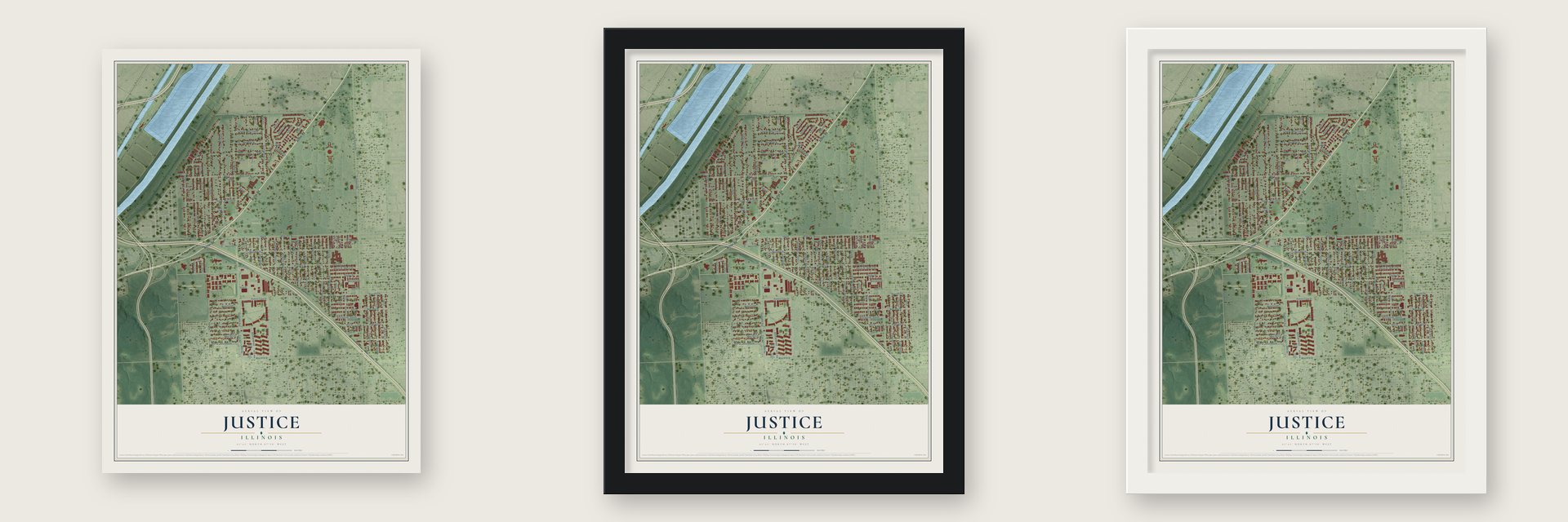 Justice, Illinois map unframed, in a black wood frame and in a white wood frame
