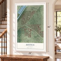 Justice, Illinois map, 24 x 36 inch print in a white frame by a staircase